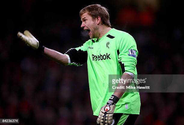 Bolton Wanderers goalkeeper Jussi Jaaskelainen reacts during the Barclays Premier League match between Arsenal and Bolton Wanderers at the Emirates...
