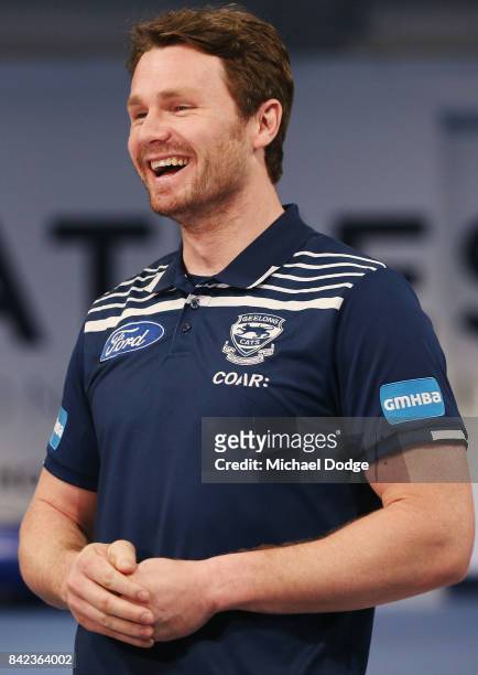 Patrick Dangerfield reacts when speaking to the media during a Geelong Cats AFL press conference at Simonds Stadium on September 4, 2017 in Geelong,...