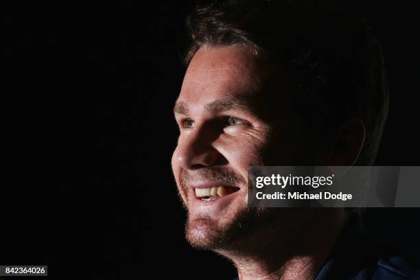 Patrick Dangerfield reacts when speaking to the media during a Geelong Cats AFL press conference at Simonds Stadium on September 4, 2017 in Geelong,...