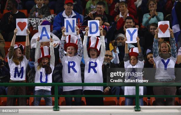 Fans of Andy Murray of Great Britain give their support as he takes on Andy Roddick of United States in during the final of the Exxon Mobil Qatar...