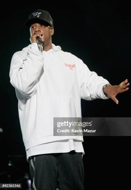 Jay Z performs onstage during the 2017 Budweiser Made in America festival - Day 2 at Benjamin Franklin Parkway on September 3, 2017 in Philadelphia,...