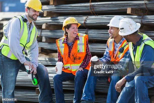 multi-ethnic group of workers taking coffee break - coffee break outside stock pictures, royalty-free photos & images