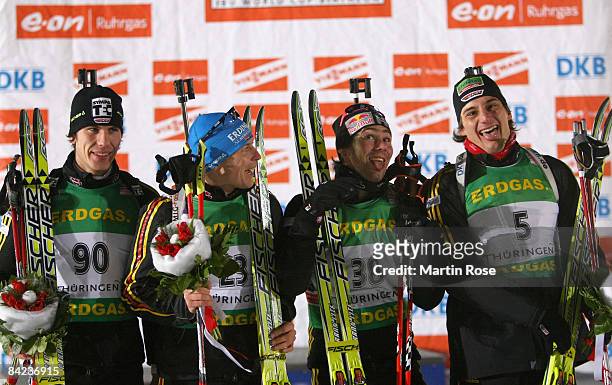 Arnd Peiffer, Andreas Birnbacher, Michael Roesch and Michael Greis of Germany poses for a picture after the Men 10 km sprint of the E.ON Ruhrgas IBU...
