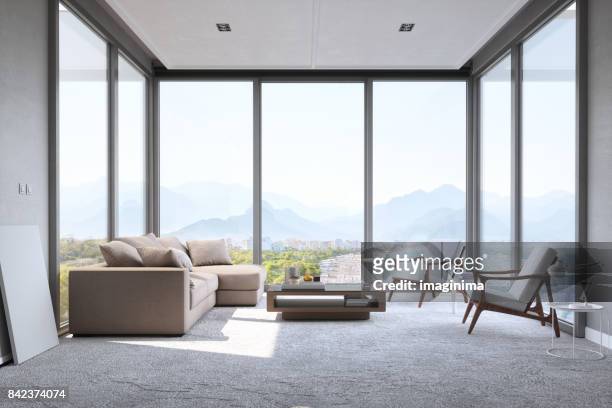 modern minimalist living room with panoramic ocean view - panoramic stock pictures, royalty-free photos & images