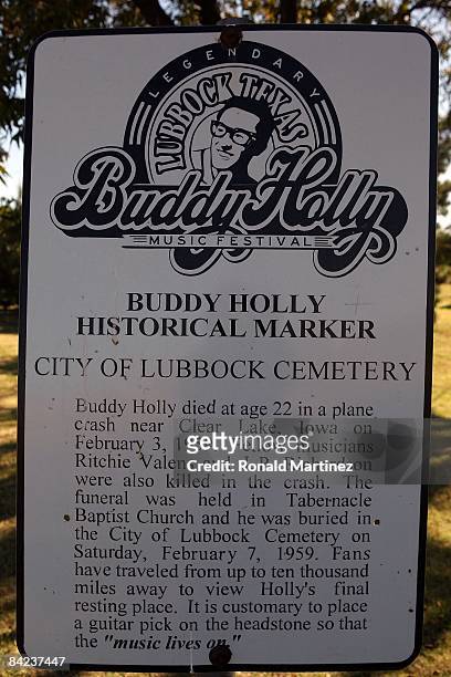Historical marker for musician Buddy Holly at the City of Lubbock Cemetery on November 8, 2008 in Lubbock, Texas. Februray 3, 2009 will be the 50th...