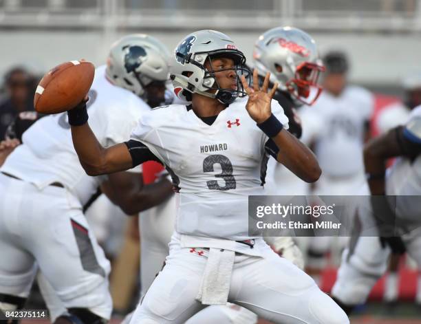 Quarterback Caylin Newton of the Howard Bison throws against the UNLV Rebels during their game at Sam Boyd Stadium on September 2, 2017 in Las Vegas,...