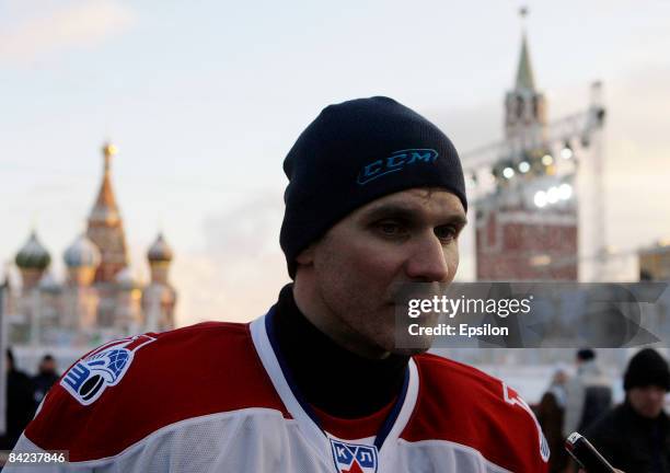 Alexei Yashin looks on during a Kontinental Hockey League all star show match at the Red Square on January 10, 2009 in Moscow, Russia.