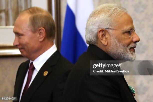 Russian President Vladimir Putin and Indian Prime Minister Narendra Modi seen during their meeting in Xiamen, China, September 2017. Leaders of...
