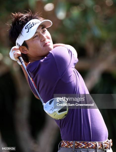 Ryuji Imada plays a shot during the third round of the Mercedes-Benz Championship at the Plantation Course on January 10, 2009 in Kapalua, Maui,...