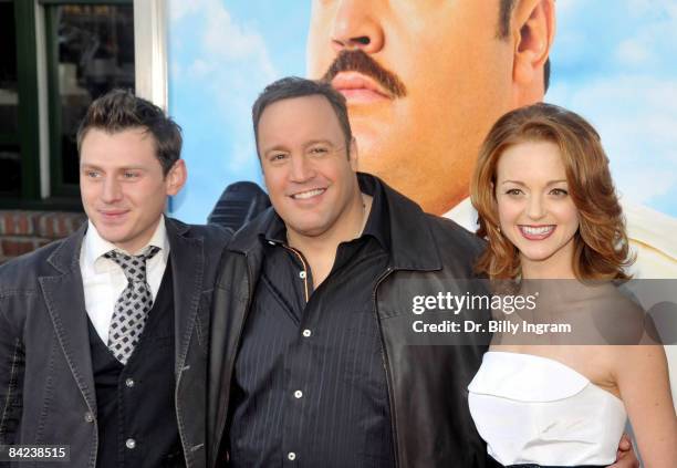 Actor Keir O'Donnell , actor Kevin James and actress Jayma Mays arrive at the Los Angeles premiere of "Paul Blart: Mall Cop" at the Mann Village...