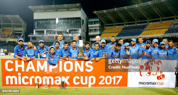 The Indian team pose for a group photograph after winning the ODI series against the host Sri Lanka by 5-0 after the 5th and final One Day...