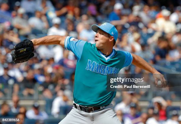 Andrew Albers of the Seattle Mariners pitches in an MLB baseball game against the New York Yankees on August 27, 2017 at Yankee Stadium in the Bronx...