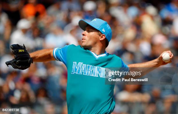 Andrew Albers of the Seattle Mariners pitches in an MLB baseball game against the New York Yankees on August 27, 2017 at Yankee Stadium in the Bronx...
