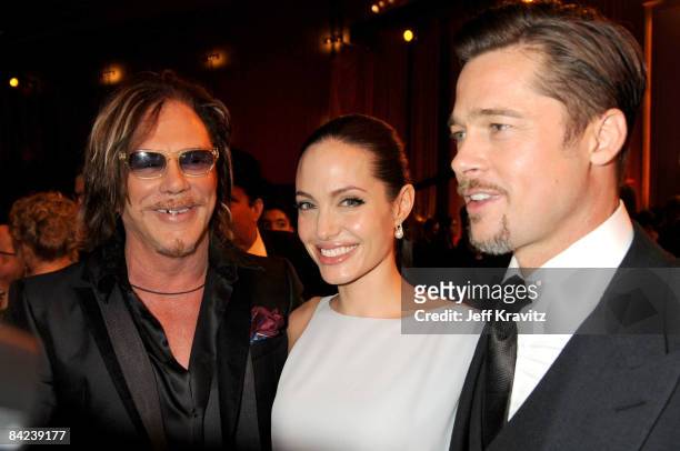 Actors Mickey Rourke, Angelina Jolie and Brad Pitt during VH1's 14th Annual Critics' Choice Awards held at the Santa Monica Civic Auditorium on...