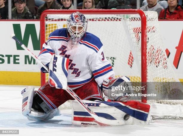 Henrik Lundqvist of the New York Rangers makes a pad save against the Ottawa Senators on his way to a shutout at Scotiabank Place on January 10, 2009...