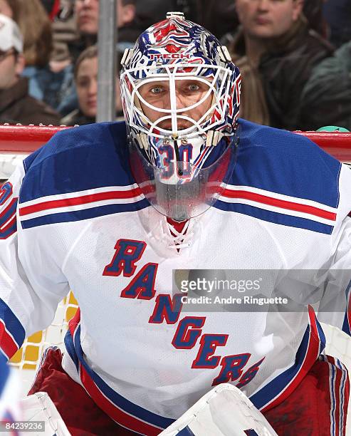 Henrik Lundqvist the New York Rangers focuses on the play against the Ottawa Senators at Scotiabank Place on January 10, 2009 in Ottawa, Ontario,...