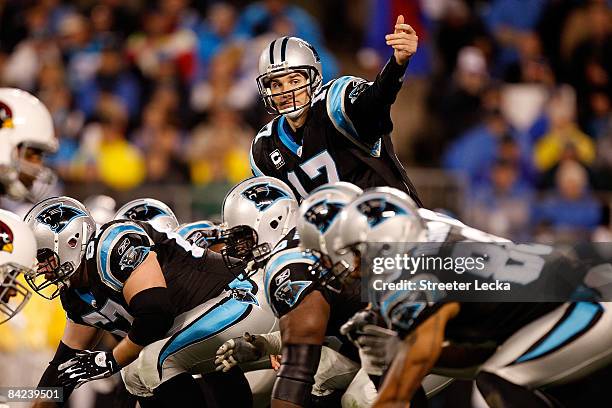 Quarterback Jake Delhomme of the Carolina Panthers signals to a teammate while lined up against the Arizona Cardinals defense during the NFC...