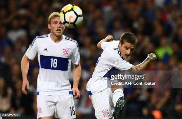 Luxembourg's midfielder Vincent Thill kicks the ball during the FIFA World Cup 2018 qualifying football match France vs Luxembourg on September 3,...
