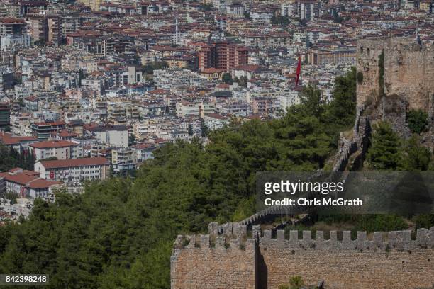 Alanya castle is seen in front of the Alanya coastline on September 3, 2017 in Alanya, Turkey. Turkey's tourism industry spiraled into crisis in 2016...