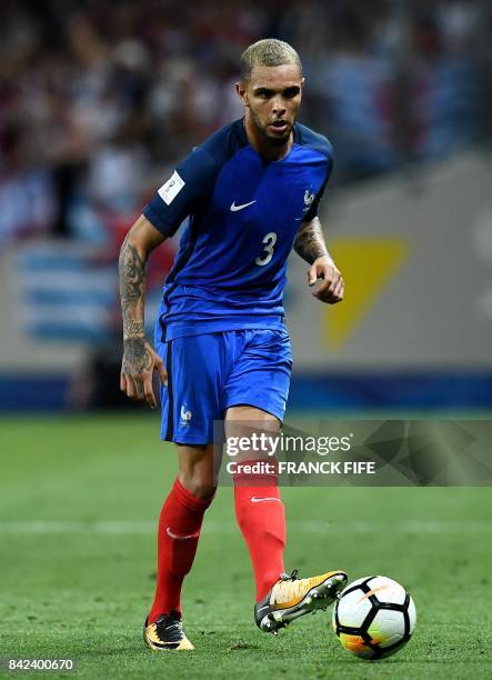 France's defender Layvin Kurzawa controls the ball during the FIFA World Cup 2018 qualifying football match between France and Luxembourg on...