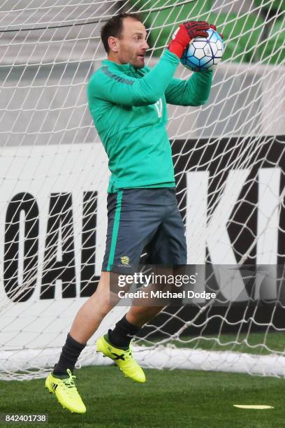 Goalkeeper Eugene Galekovic of the Socceroos catches the ball during an Australian Socceroos training session at AAMI Park on September 4, 2017 in...