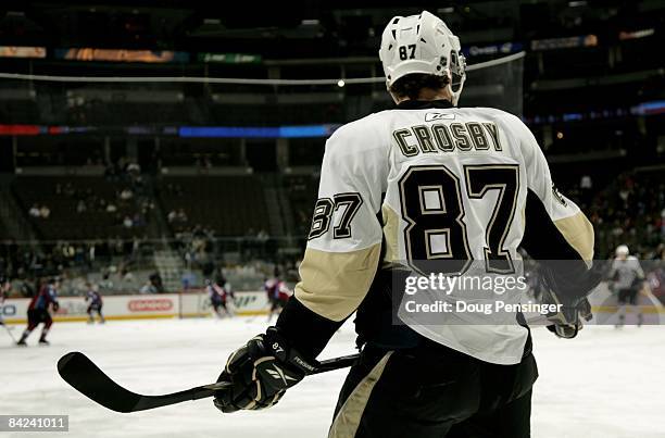 Sidney Crosby of the Pittsburgh Penguins warm ups prior to facing the Colorado Avalanche during NHL action at the Pepsi Center at the Pepsi Center on...