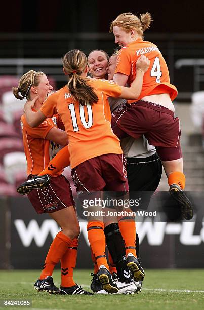Karly Reuter of the Roar celebrates after kicking the winning penalty during the W-League Semi Final match between the Queensland Roar and Sydney FC...