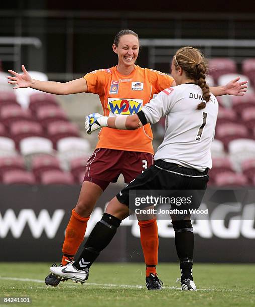 Karla Reuter of the Roar celebrates after kicking the winning penalty during the W-League Semi Final match between the Queensland Roar and Sydney FC...