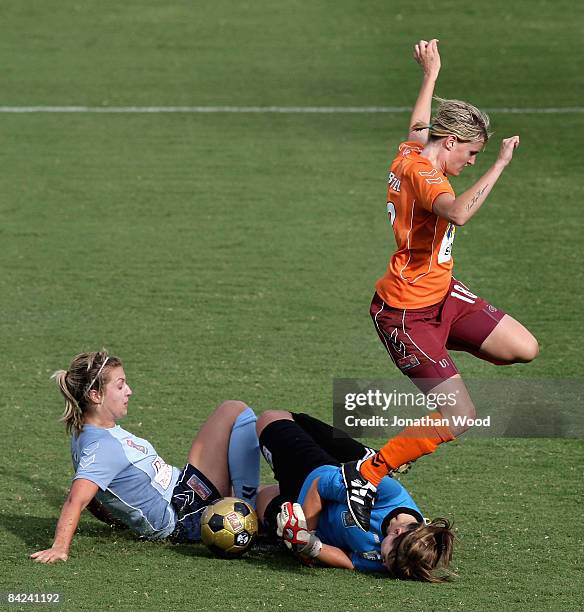 Courtney Beutel of the Roar contests the ball with Rachel Cooper of Sydney FC during the W-League Semi Final match between the Queensland Roar and...