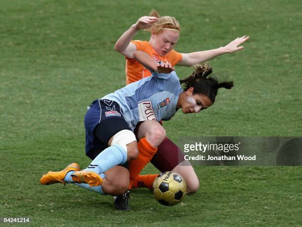 Leena Khamis of Sydney FC is tackled during the W-League Semi Final match between the Queensland Roar and Sydney FC at Ballymore on January 11, 2009...