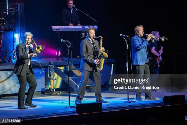 Musicians Nick Lane, Robert Lamm, Ray Herrmann, Lee Loughnane, and Jeff Coffey of Chicago perform on stage at San Diego Civic Theatre on September 3,...