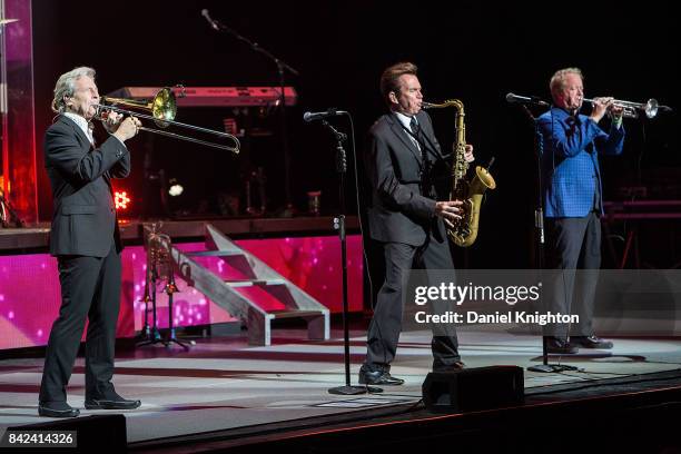 Musicians Nick Lane, Ray Herrmann, and Lee Loughnane of Chicago perform on stage at San Diego Civic Theatre on September 3, 2017 in San Diego,...