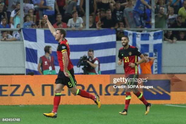 Belgium's Jan Vertonghen celebrates after scoring the opening goal during the World Cup Group H qualifying soccer match between Greece and Belgium at...