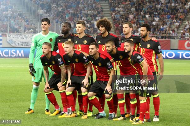 Belgium pose for a team group photo before of the World Cup Group H qualifying soccer match between Greece and Belgium at Georgios Karaiskakis...