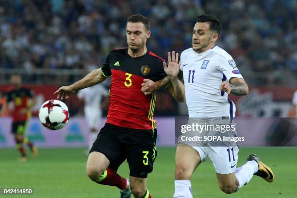 Tasos Donis in action during the World Cup Group H qualifying soccer match between Greece and Belgium at Georgios Karaiskakis Stadium. Final score...