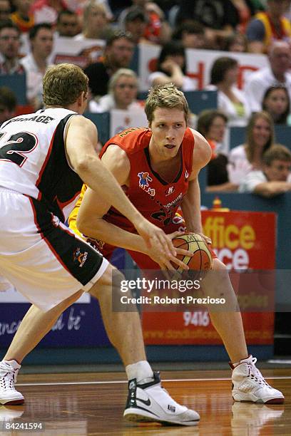 David Barlow of the Tigers controls the ball during the round 17 NBL match between the Melbourne Tigers and the Perth Wildcats at the State Netball...