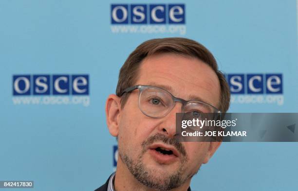 New OSCE secretary general Switzerland's Thomas Greminger speaks to journalists during his first media briefing in Vienna, Austria on September 04,...