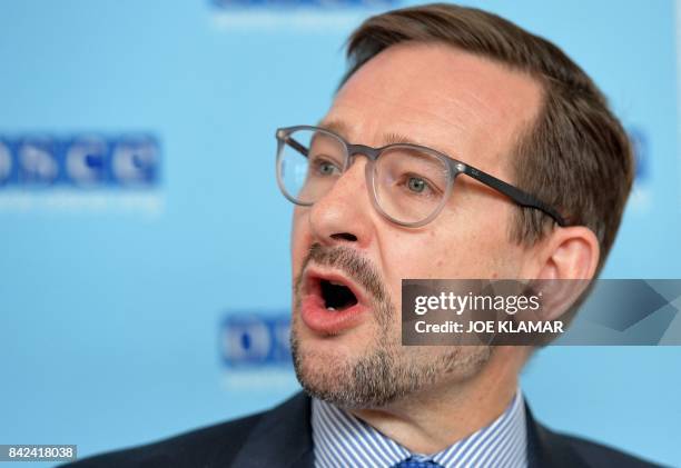 New OSCE secretary general Switzerland's Thomas Greminger speaks to journalists during his first media briefing in Vienna, Austria on September 04,...