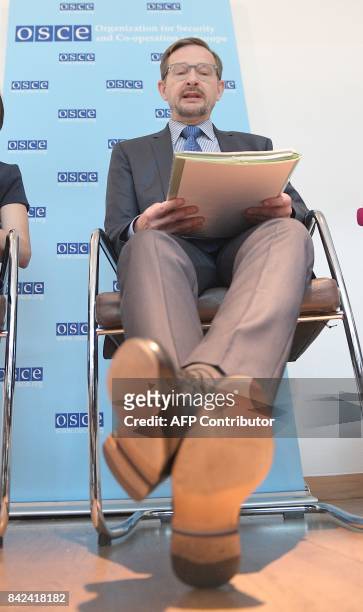 New OSCE secretary general Switzerland's Thomas Greminger speaks to journalists during his first media briefing in Vienna, Austria on September 04,...