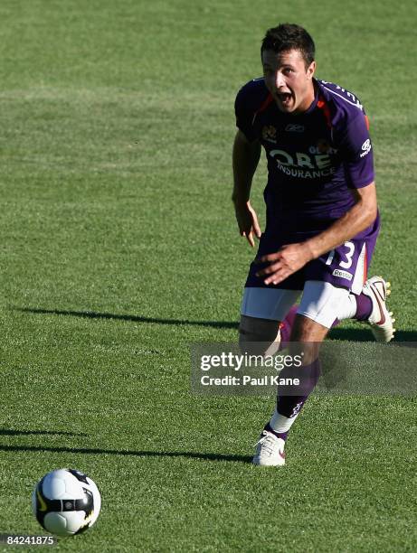 Nikita Rukavytsya of the Glory runs into score a goal during the round 19 A-League match between the Perth Glory and the Melbourne Victory at Member...