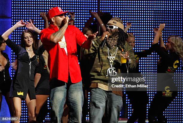Rap artists Flo Rida and T-Pain perform during the 26th annual Adult Video News Awards Show at the Mandalay Bay Events Center January 10, 2009 in Las...