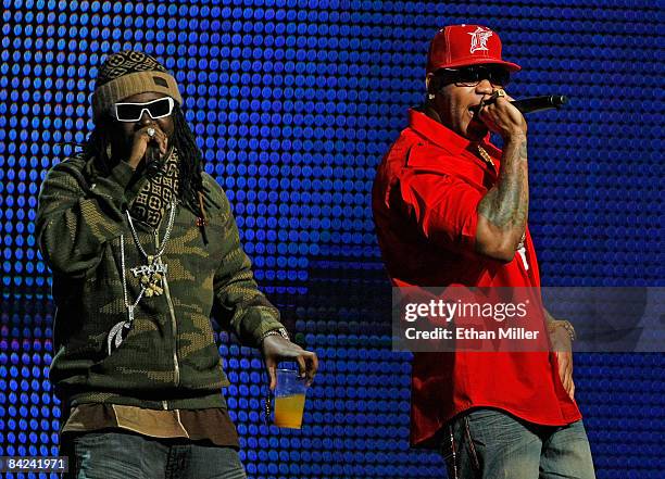 Rap artists T-Pain and Flo Rida perform during the 26th annual Adult Video News Awards Show at the Mandalay Bay Events Center January 10, 2009 in Las...