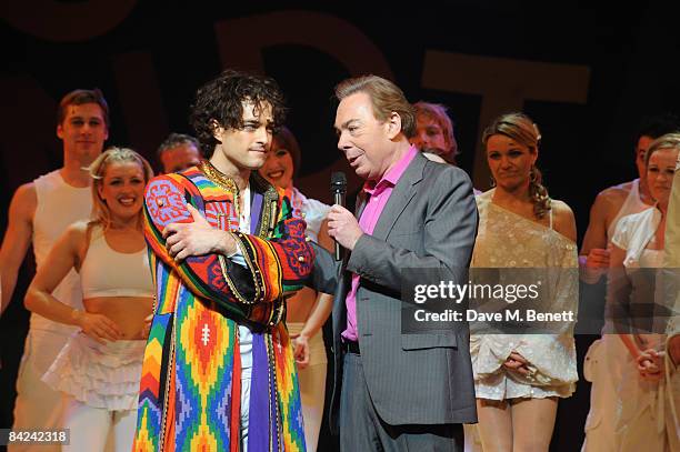 Andrew Lloyd Webber appears onstage to thank Lee Mead after his final appearance in Joseph And The Amazing Technicolour Dreamcoat, January 10, 2009...