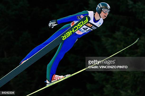 Austrian Bernard Gruber soars through the air during the jumping event of the Individual Gundersen HS134 as part of the Val Di Fiemme Nordic Combined...