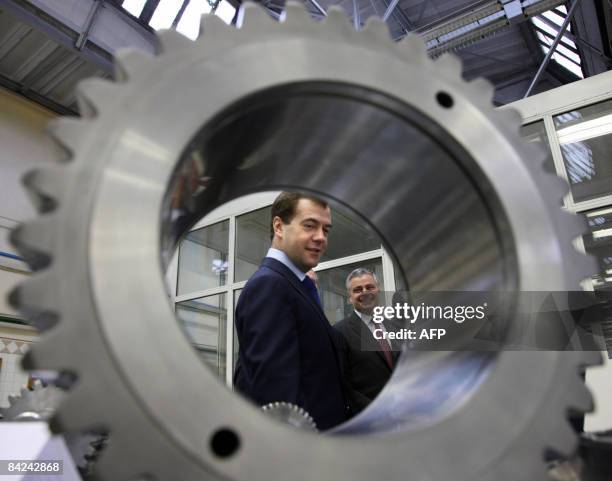 Russian President Dmitry Medvedev visits the mechanical treatment shop of the Moscow Machine-Building Plant Salyut on January 11, 2009. President...