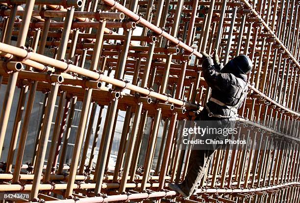 Worker builds a scaffolding around a pier of a viaduct at the construction site of second phase of the Qinghai-Tibet railway from Xining to Golmud on...