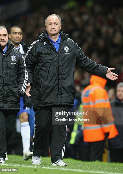 Luiz Felipe Scolari of Chelsea walks off at the end of the Barclays Premier League match between Manchester United and Chelsea at Old Trafford on...