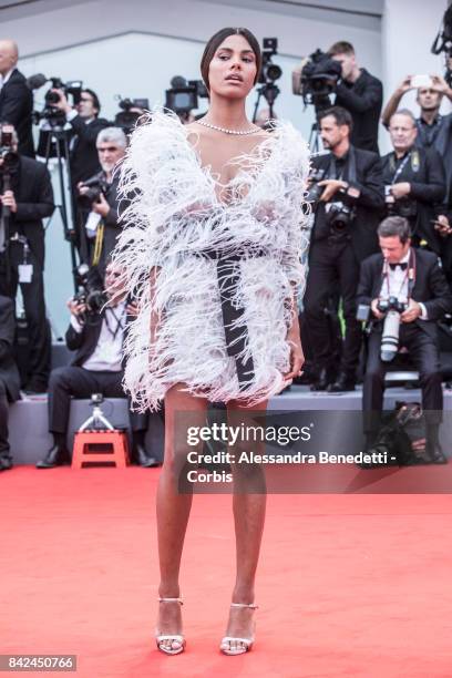 Tina Kunakei walks the red carpet ahead of the 'Suburbicon' screening during the 74th Venice Film Festival at Sala Grande on September 2, 2017 in...