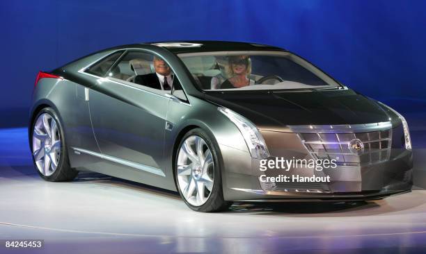 In this handout image provided by General Motors, the Cadillac Converj electric luxury coupe concept is introduced during the press preview for the...