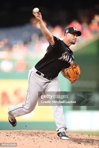 Dustin McGowan of the Miami Marlins pitches during a baseball game against the Washington Nationals at Nationals Park on August 30, 2017 in...